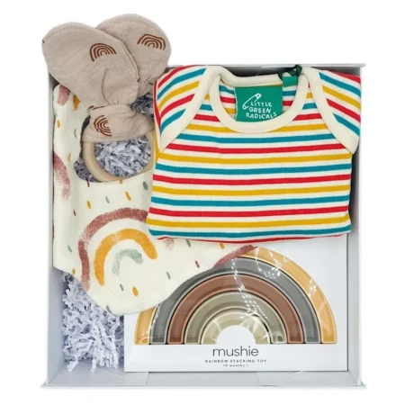 πολύχρωμο βρεφικό σετ δώρου με ουράνια τόξα babybox.gr